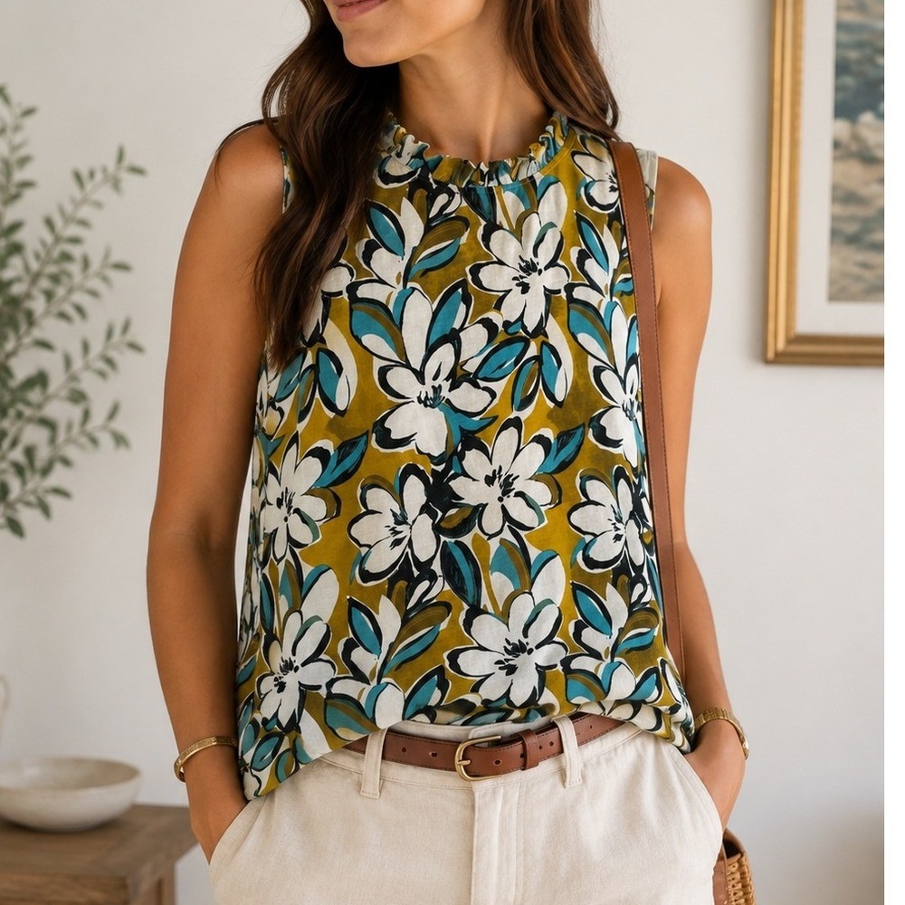 t.la XS Sleeveless Ruffle Neck Top Floral Mustard Yellow Blue Boho Shell P313